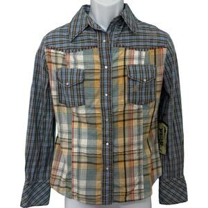 Vintage Rebel Western Blue Yellow Plaid Pearl Snap Collared Shirt size S NEW Tag